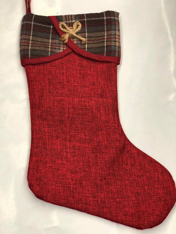 Red burlap stocking with plaid trim