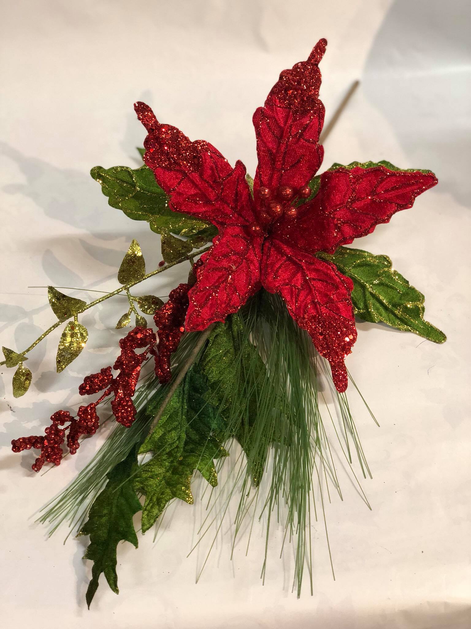 Christmas pick- Red poinsettia, lime green