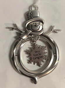 Snowman tree ornament with hanging snowflake charm "Very Special Caregiver"